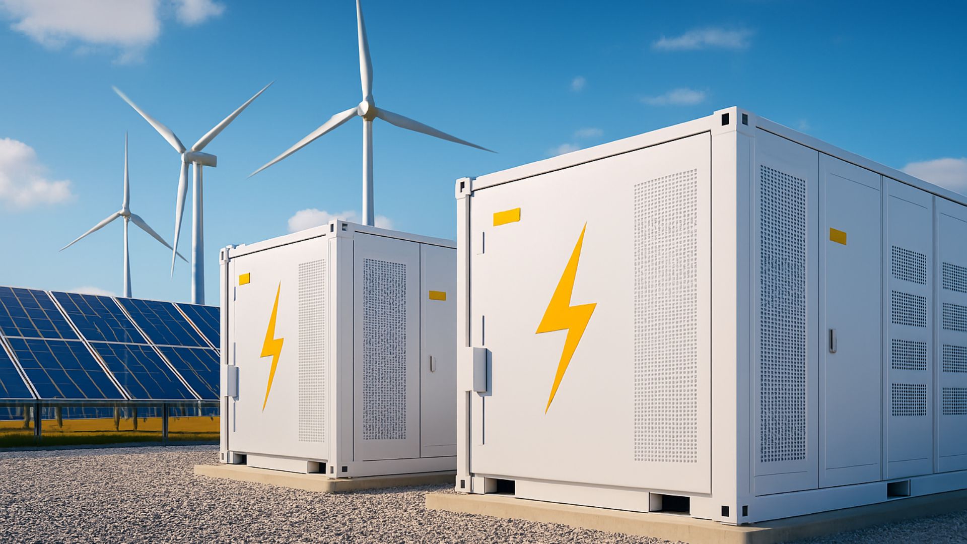 Sistema de baterias BESS em primeiro plano com painéis solares e turbinas eólicas ao fundo, representando soluções modernas de armazenamento de energia renovável.