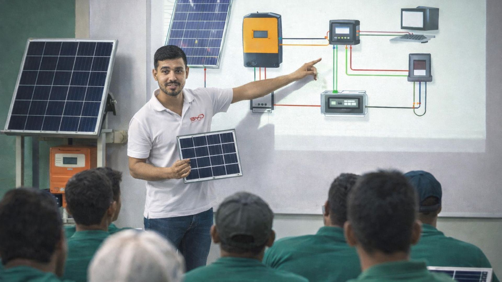 Professor apresenta aula prática sobre sistemas de energia solar para alunos em sala de capacitação técnica, com painéis fotovoltaicos e esquema elétrico ao fundo.