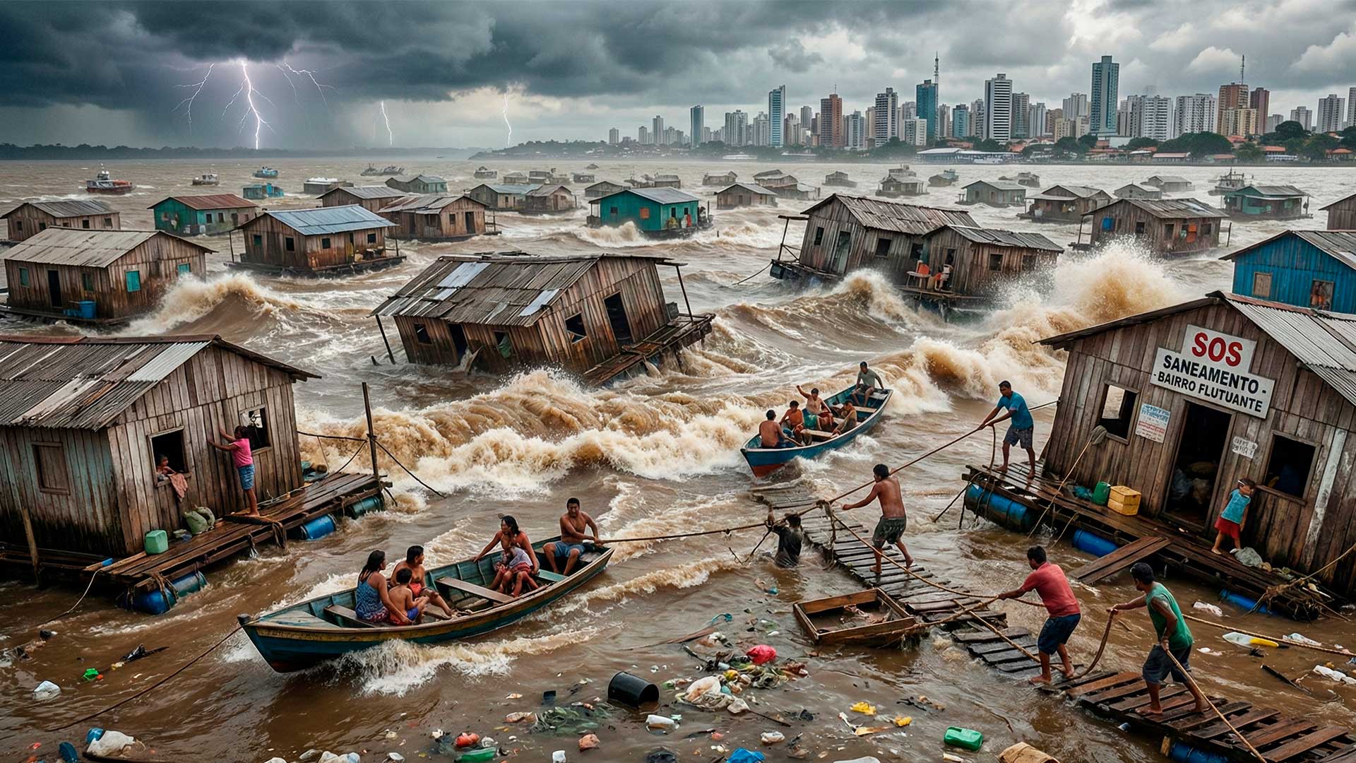 Bairro que flutua na região do Amazonas reúne mais de 100 casas sobre o rio, muda com a enchente e vazante e revela a batalha das famílias entre adaptação e saneamento básico