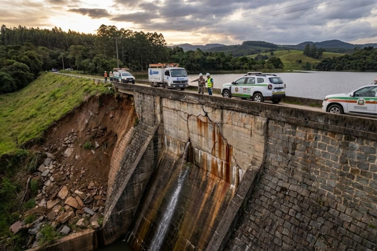 Barragem em Santa Cecília preocupa o MPSC: falta de manutenção, rachaduras e risco exigem ação da Casan para garantir segurança e evitar colapso. IMAGEM: IA
