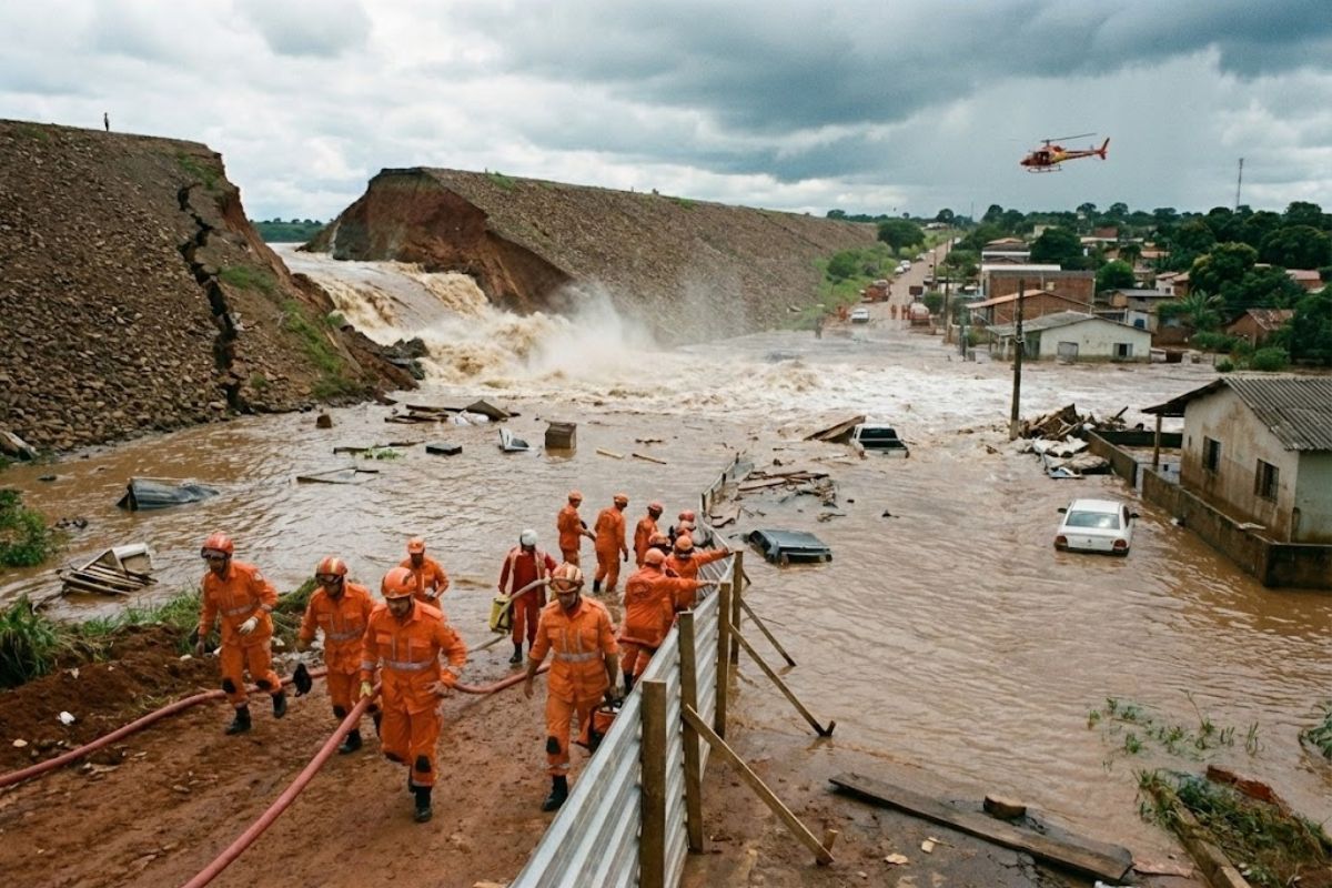 Rompimento de barragem no Tocantins mobiliza bombeiros, causa alagamentos e reacende alerta após desastre ligado a garimpo e rejeitos em rios amazônicos. IMAGEM: IA