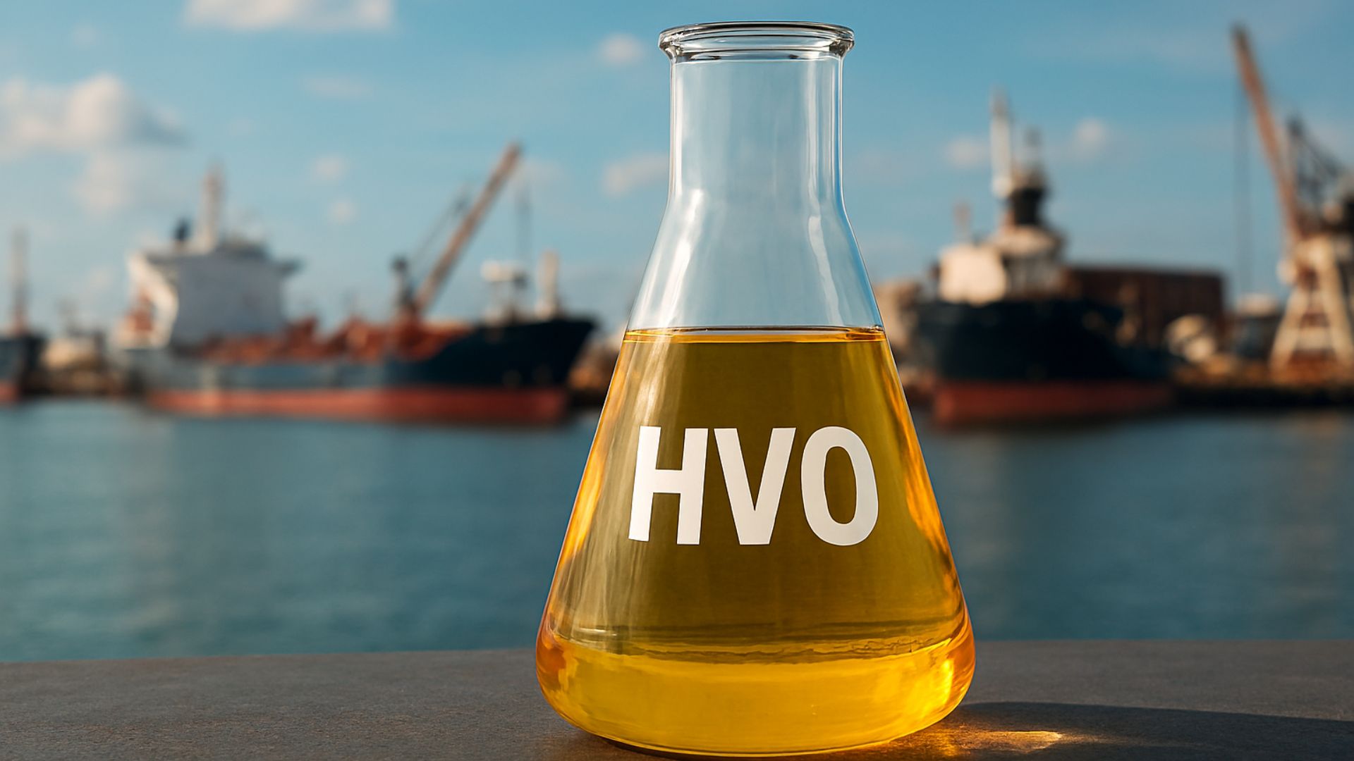 Frasco Erlenmeyer com biocombustível HVO em destaque sobre superfície, com embarcações desfocadas ao fundo no Porto do Açu