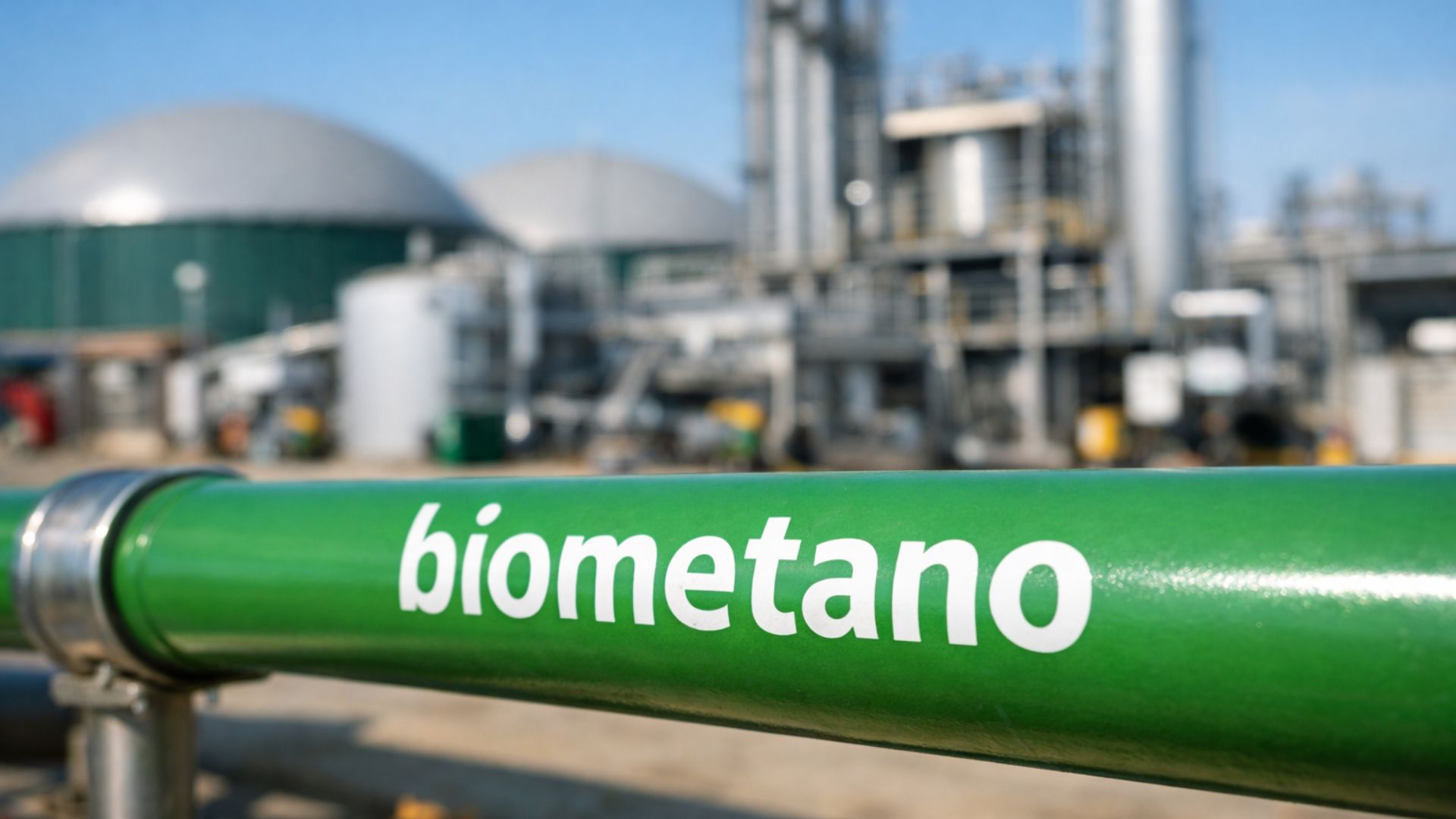 Tubulação verde identificada como biometano em primeiro plano, com fábrica de biogás desfocada ao fundo, representando produção de energia renovável a partir de resíduos urbanos.