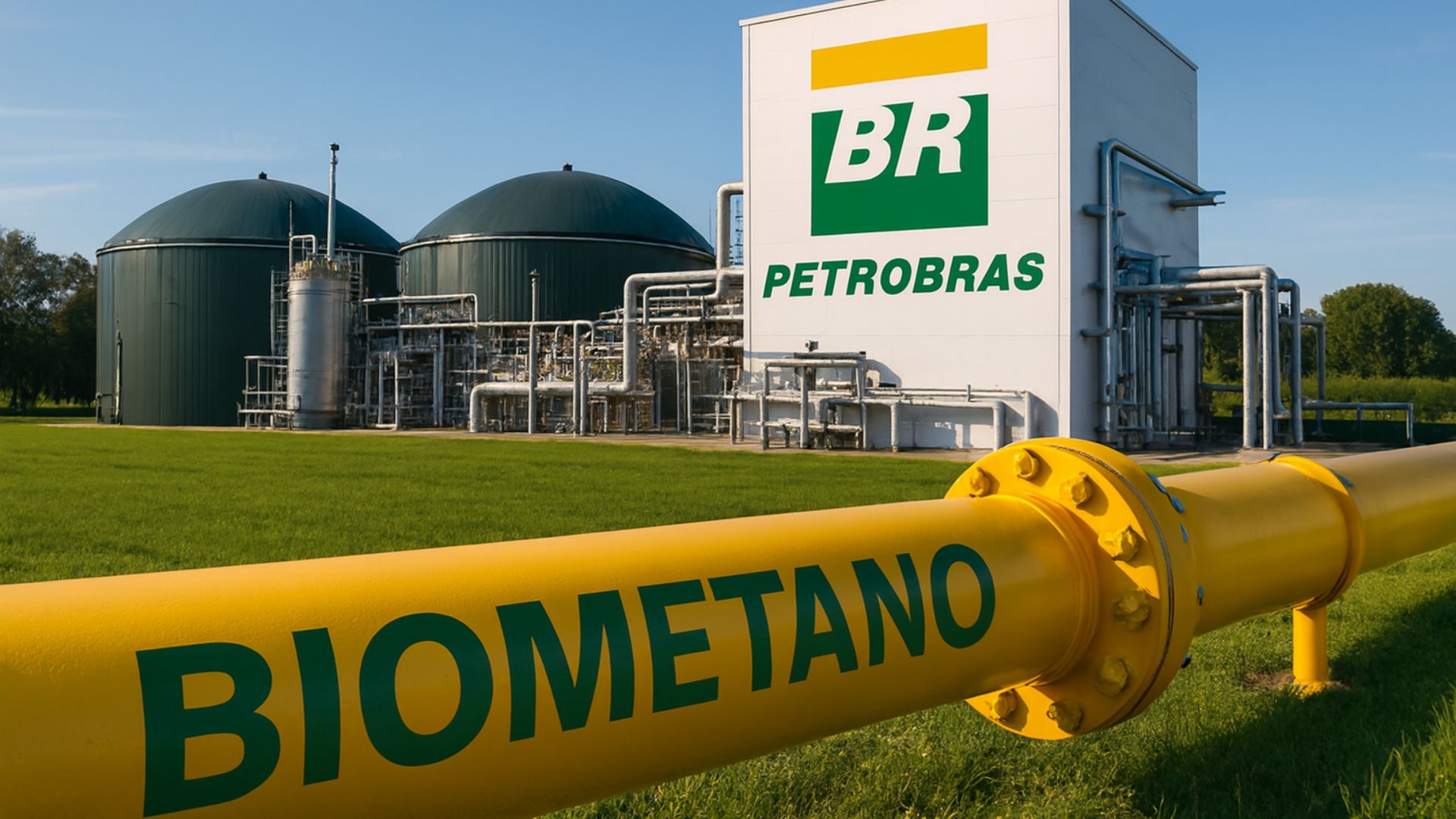 Instalação de produção de biometano da Petrobras com tubulação amarela em primeiro plano, exibindo o logotipo da empresa, e tanques digestores ao fundo em ambiente industrial sustentável.