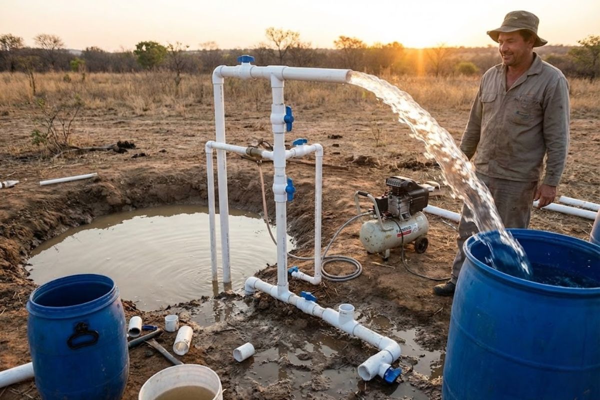 Bomba de água sem energia elétrica usa sistema hidropneumático com ar comprimido, efeito Venturi e tubos de PVC para puxar água de fontes remotas off-grid.