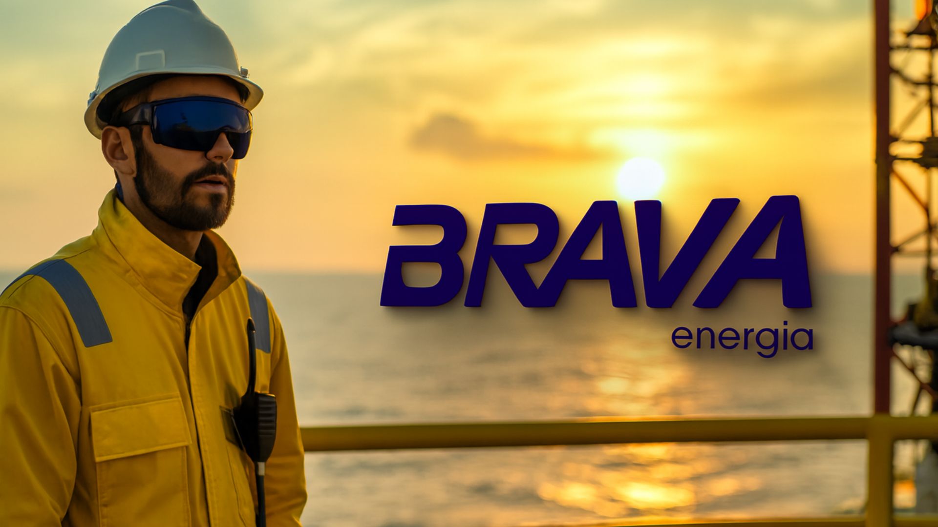 Trabalhador offshore com equipamentos de segurança em plataforma marítima ao pôr do sol, ao lado do logotipo da Brava Energia