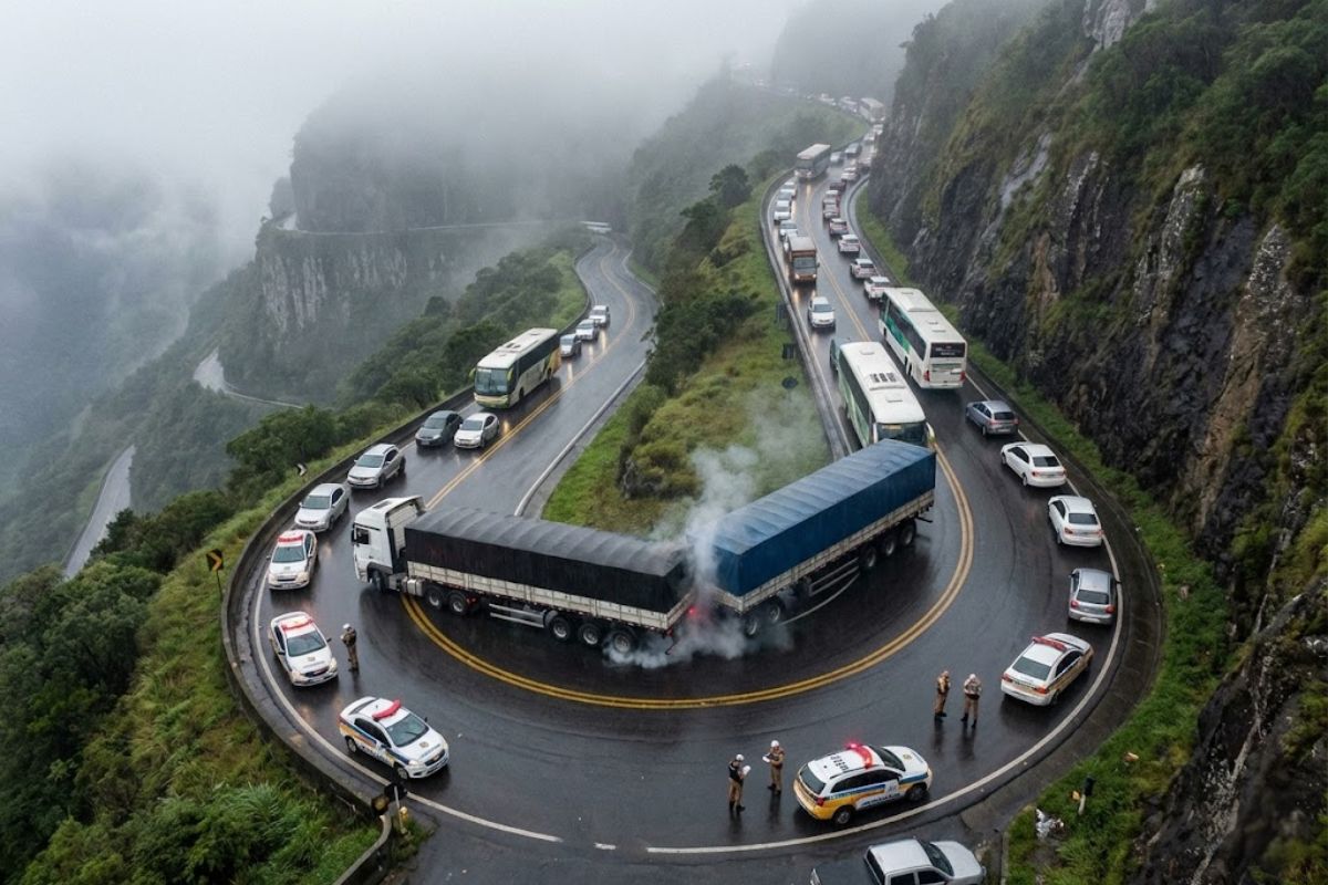 Na Serra do Rio do Rastro, caminhões e caminhões irregulares aumentam o risco de perda de freio, causam bloqueios e forçam rotas alternativas.