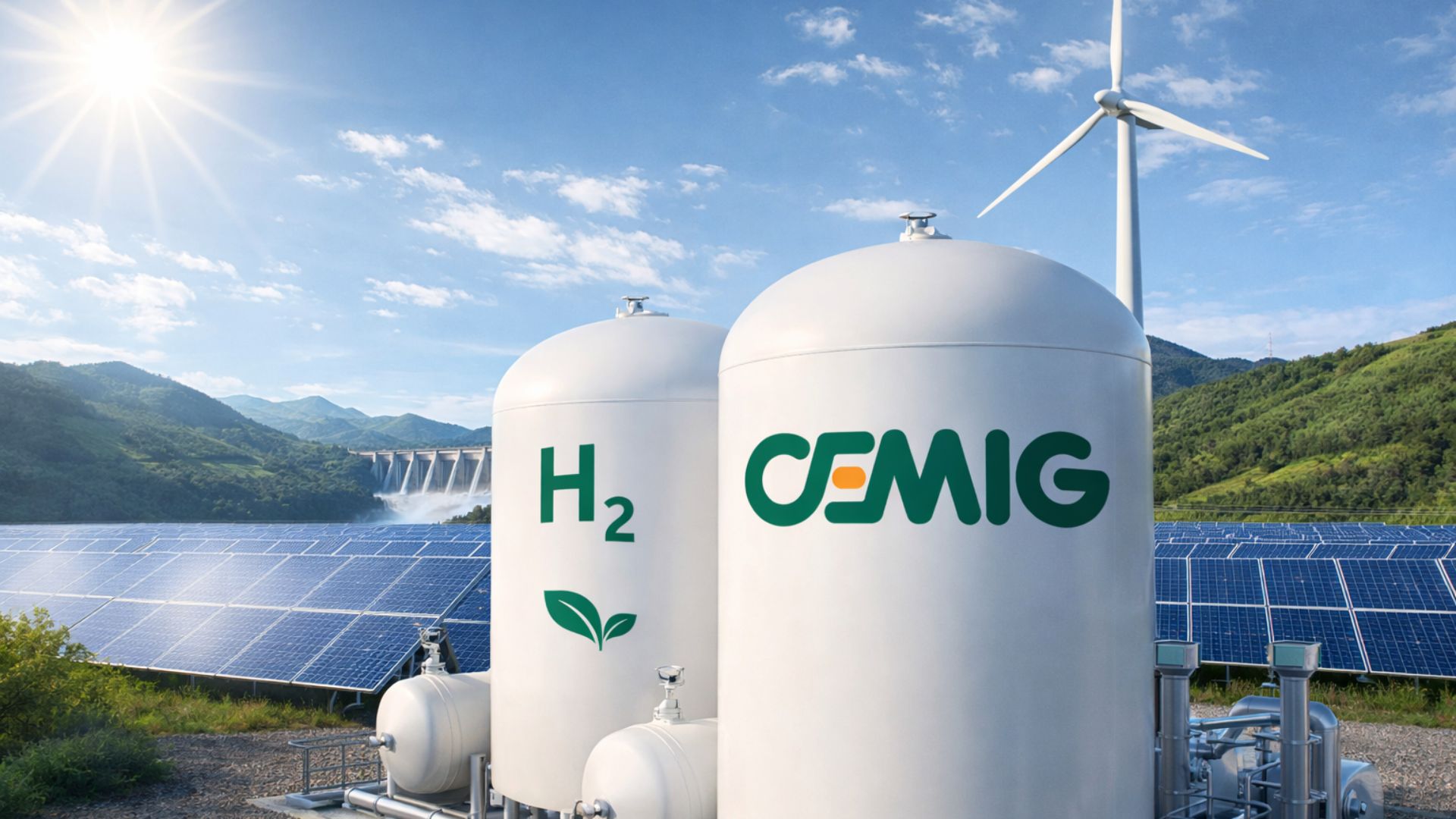 Tanques de hidrogênio verde com logotipo da Cemig em Minas Gerais, integrados a energia solar, hidrelétrica e eólica em cenário de transição energética sustentável
