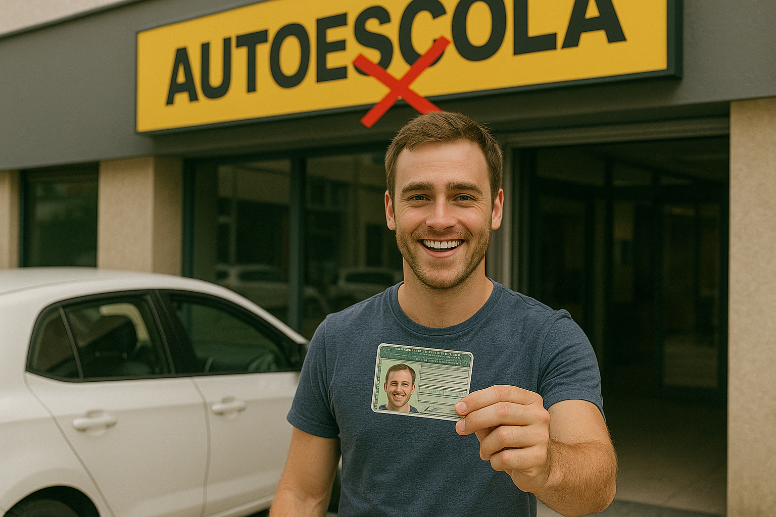 Homem sorrindo em frente a uma autoescola com um “X” vermelho na placa enquanto exibe sua CNH, simbolizando o fim da obrigatoriedade das aulas.