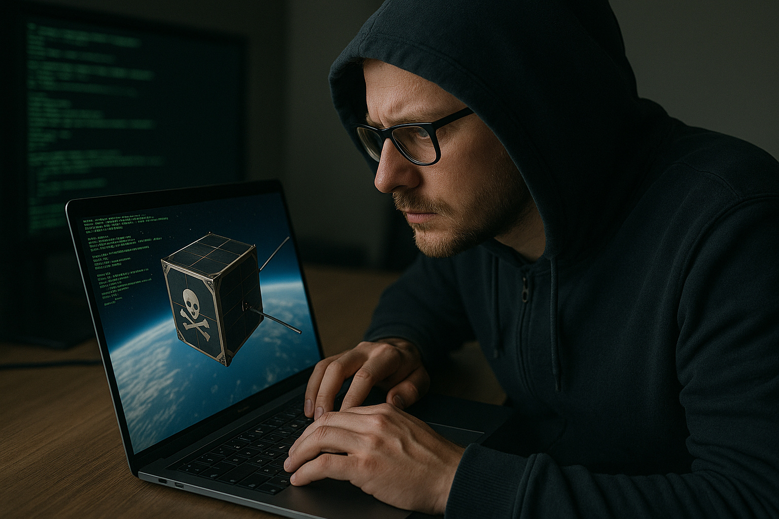 Hacker alemão operando um laptop enquanto acessa e manipula remotamente o satélite Beesat-1 exibido na tela