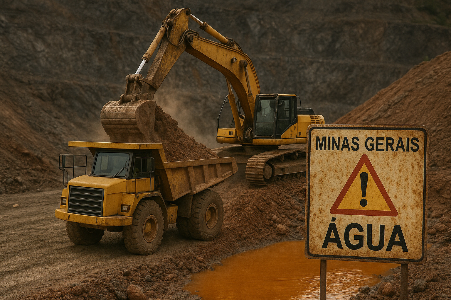 Mineração de lítio em Minas Gerais com solo avermelhado, água contaminada e maquinário pesado no Vale do Jequitinhonha