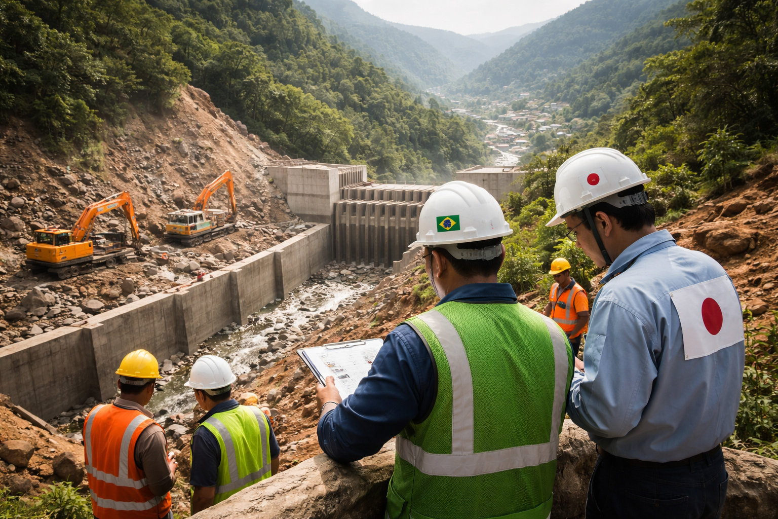 Engenheiros brasileiros e japoneses acompanham obra de barreira Sabo para prevenção de deslizamentos em área montanhosa do Brasil.
