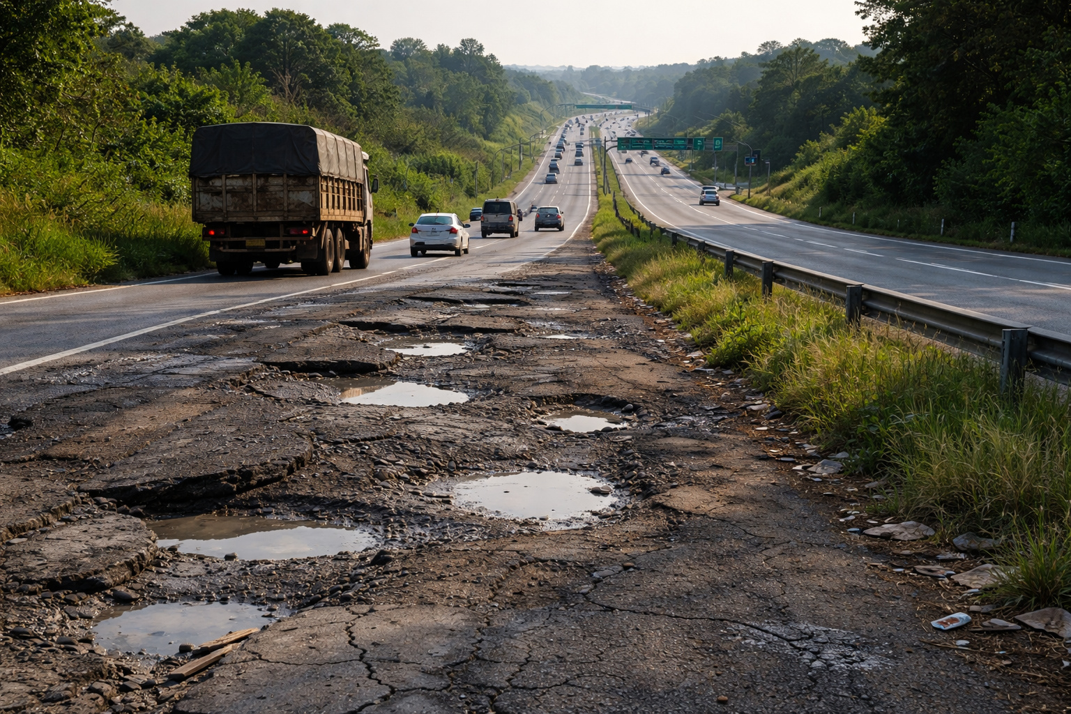 Rodovia brasileira com pavimento deteriorado e buracos em contraste com trecho ao lado em bom estado de conservação, ilustrando diferenças de qualidade na infraestrutura viária.
