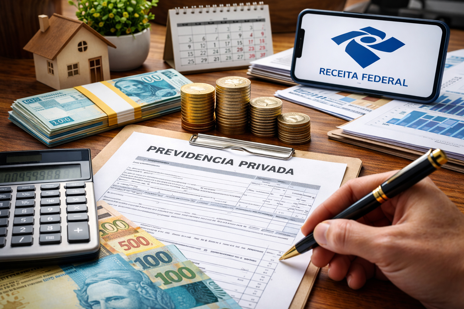 Pessoa preenchendo formulário de previdência privada PGBL com notas de real, moedas, calculadora e referência ao imposto de renda no Brasil