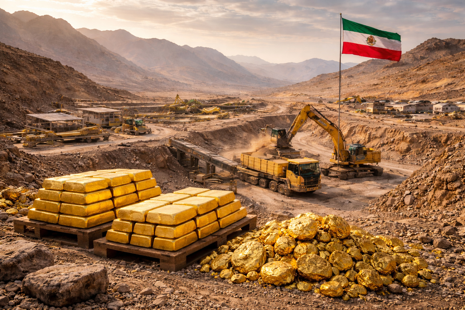 Operação de mineração de ouro no leste do Irã com máquinas pesadas, pilhas de ouro e paisagem montanhosa em área estratégica do país