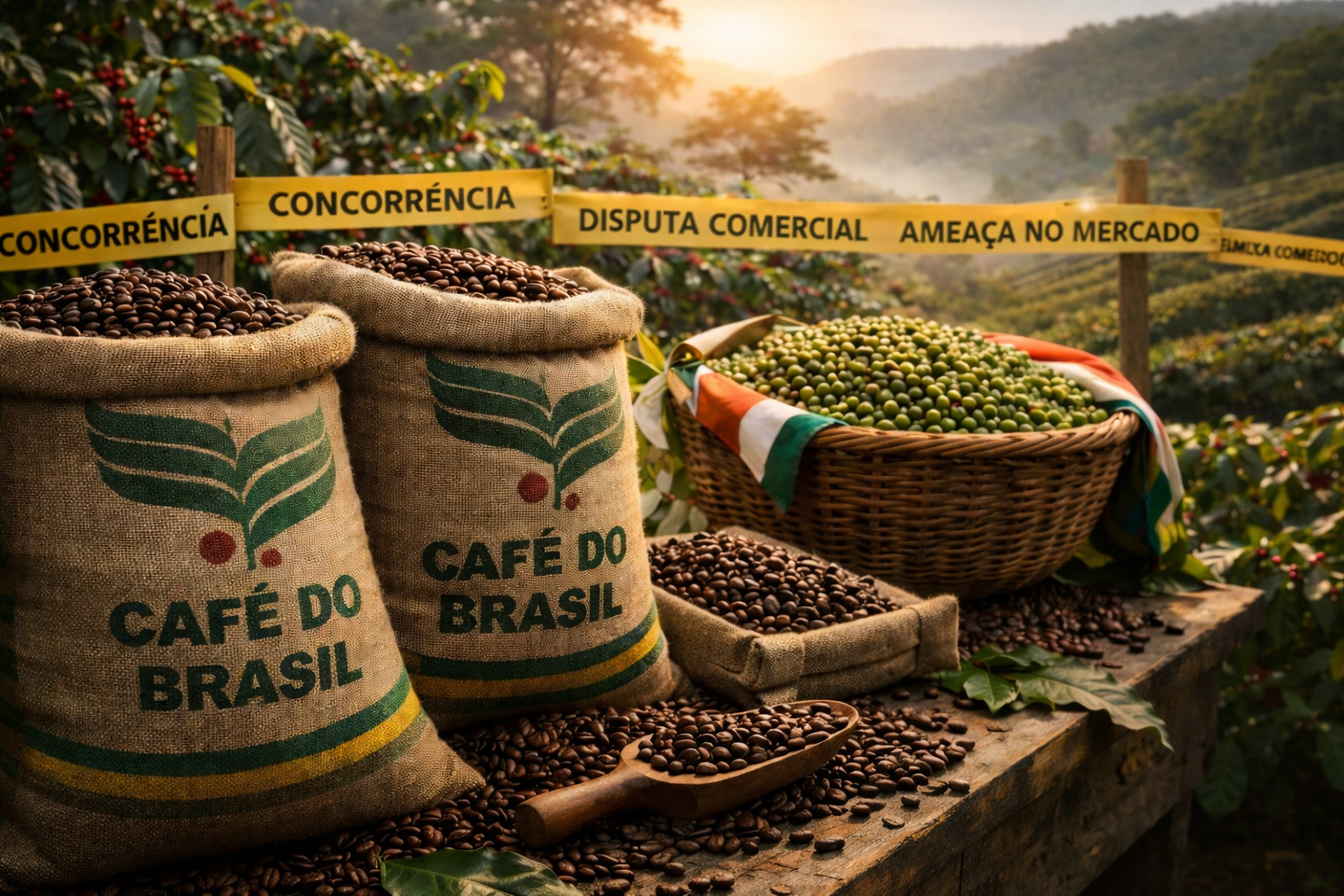 Sacos de café do Brasil ao lado de grãos verdes, simbolizando a concorrência comercial da Índia no mercado global de café