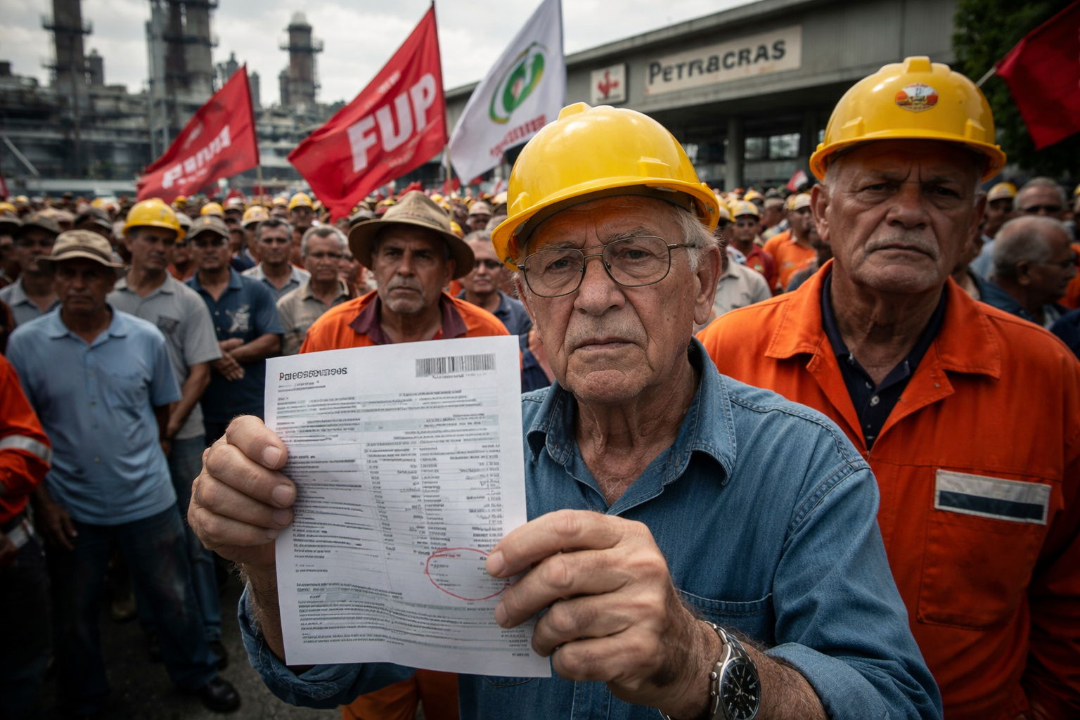 Aposentados e petroleiros em greve em frente a unidade da Petrobras seguram documento que simboliza descontos na aposentadoria