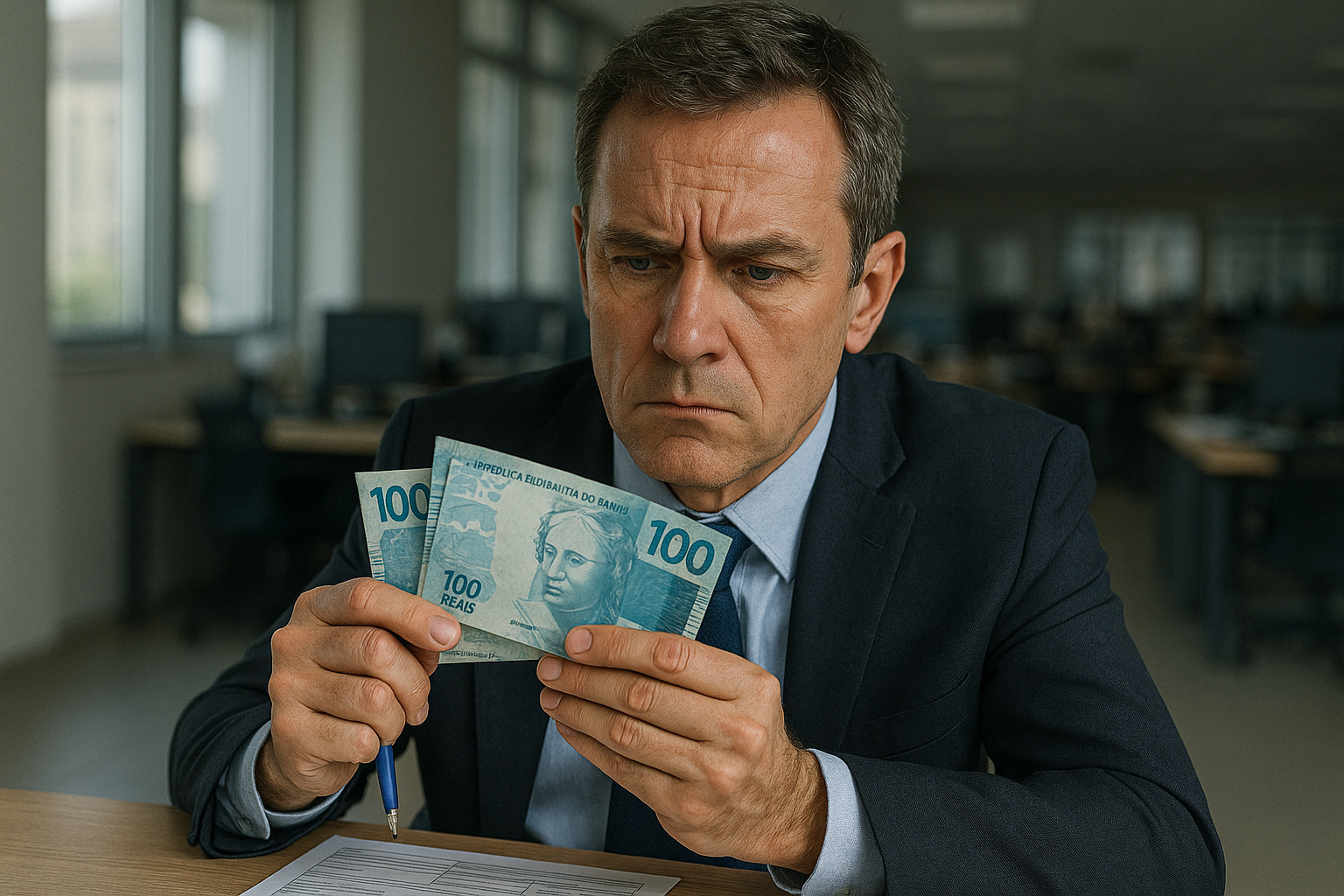 Homem analisando notas de 100 reais em ambiente de escritório, representando trabalho CLT e remuneração no Brasil