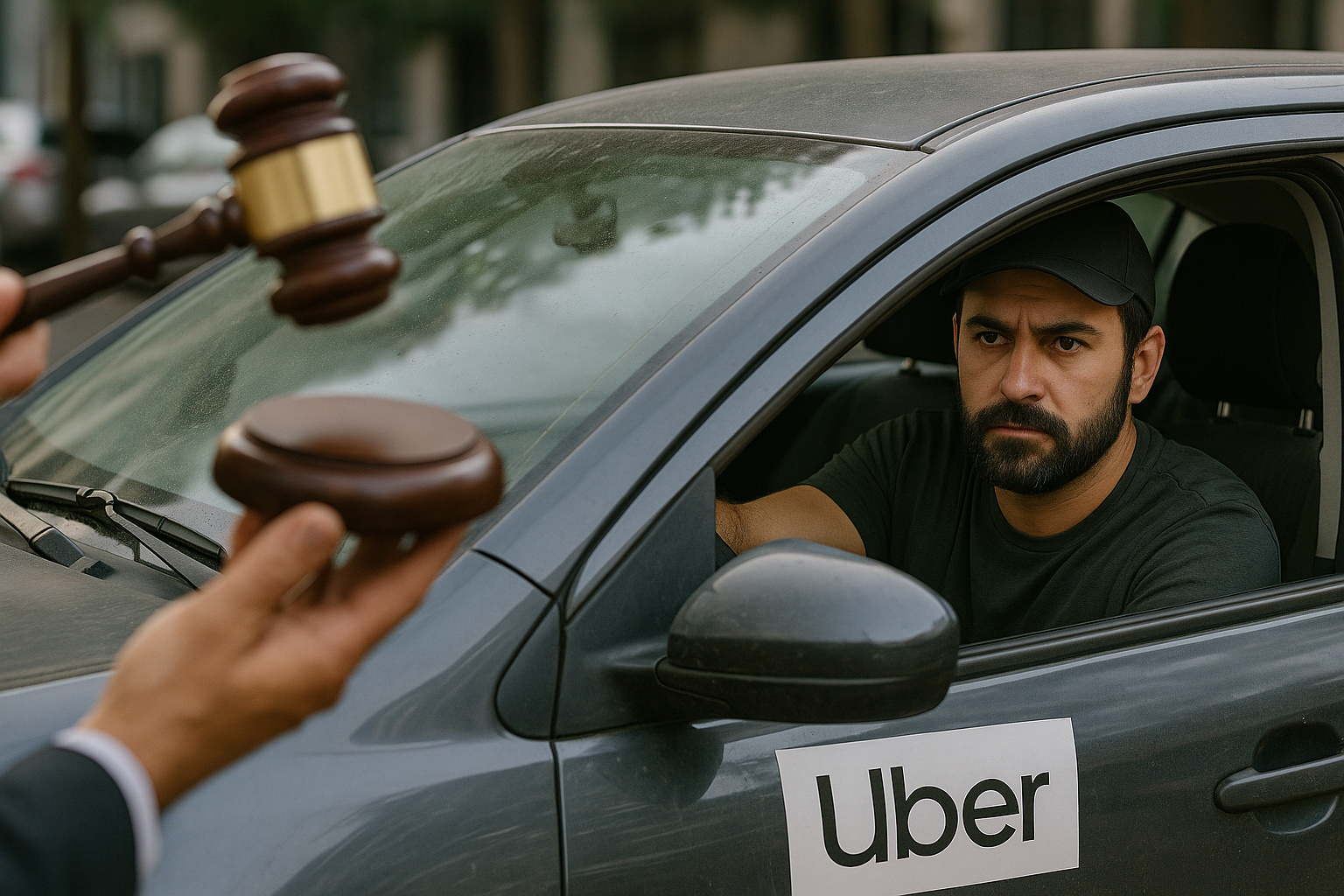 Motorista de aplicativo observa um martelo de juiz sendo levantado ao lado do veículo, simbolizando a decisão judicial sobre a uberização.