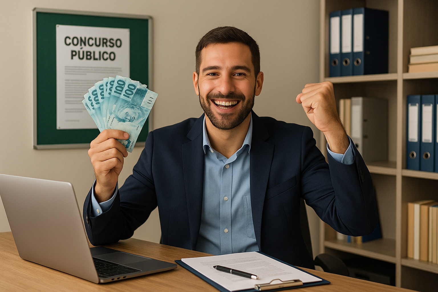 Homem comemorando aprovação em concurso público enquanto segura notas de dinheiro, simbolizando os altos salários oferecidos pela cidade mais rica do Brasil.