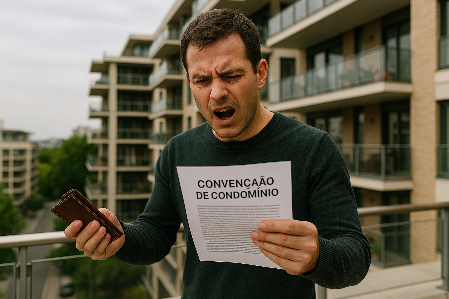 Morador indignado em cobertura de condomínio ao analisar documento de convenção condominial com cobrança diferenciada.