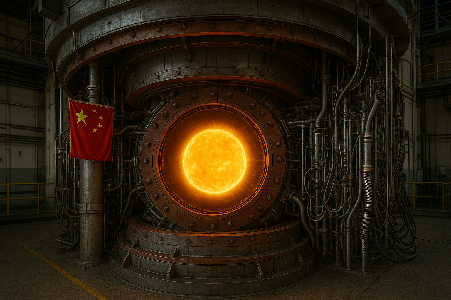 Reator chinês com sol artificial em laboratório de fusão nuclear, mostrando plasma brilhante e bandeira da China ao lado do dispositivo BEST.