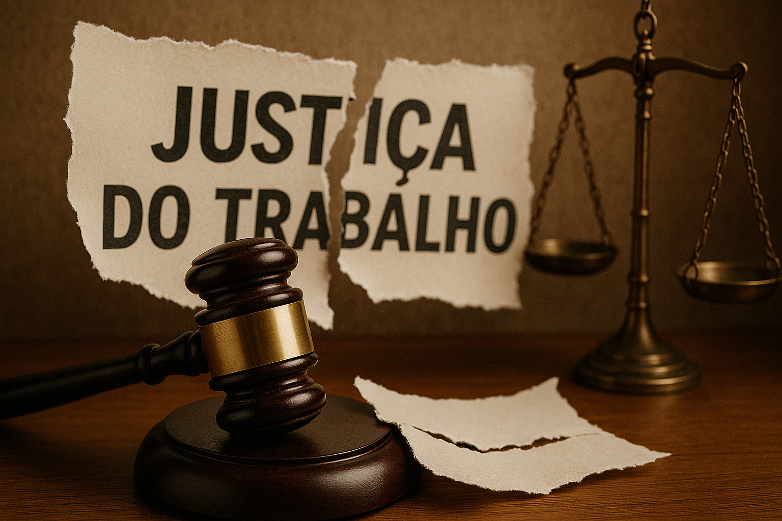 Documento rasgado com a expressão Justiça do Trabalho ao lado de martelo e balança, simbolizando a proposta de extinção debatida na PEC.