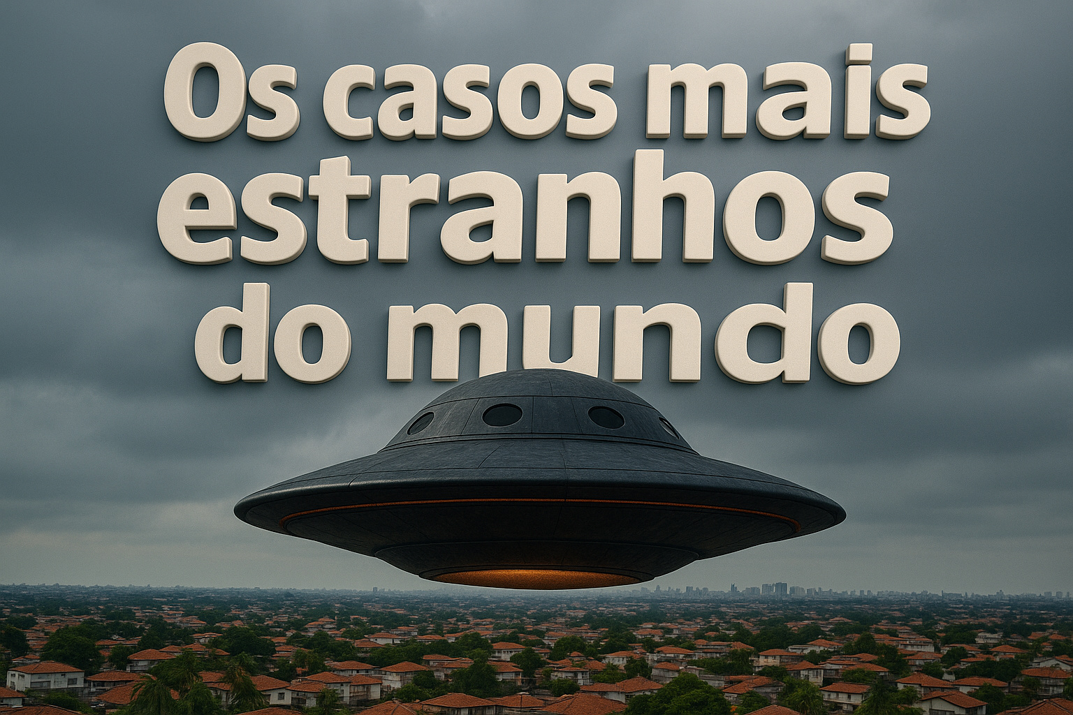 Disco voador sobre cidade brasileira com frase “Os casos mais estranhos do mundo” em 3D, representando os fenômenos anômalos citados pelo Pentágono.