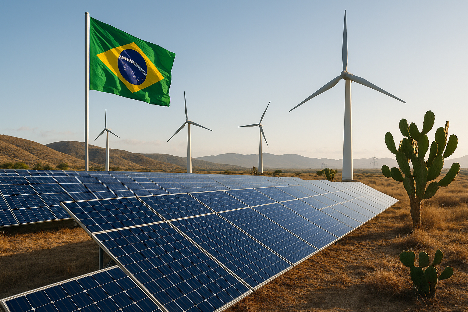 Painéis solares e turbinas eólicas no Nordeste ao pôr do sol, com bandeira do Brasil e vegetação típica da caatinga representando o novo decreto federal de prioridade energética.