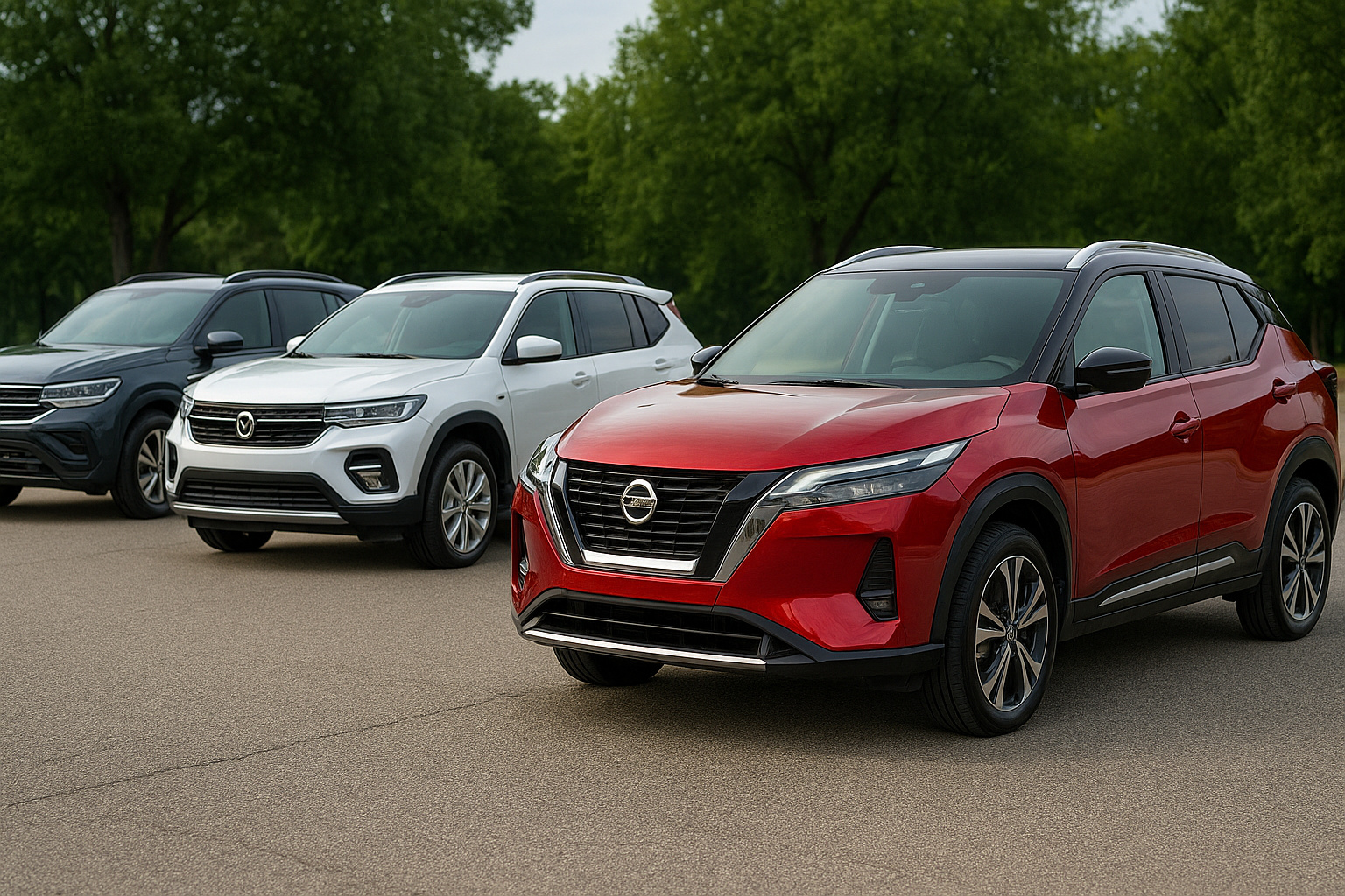 SUVs usados alinhados em comparação direta ao novo Nissan Kait, destacando desempenho, potência e custo-benefício superior.