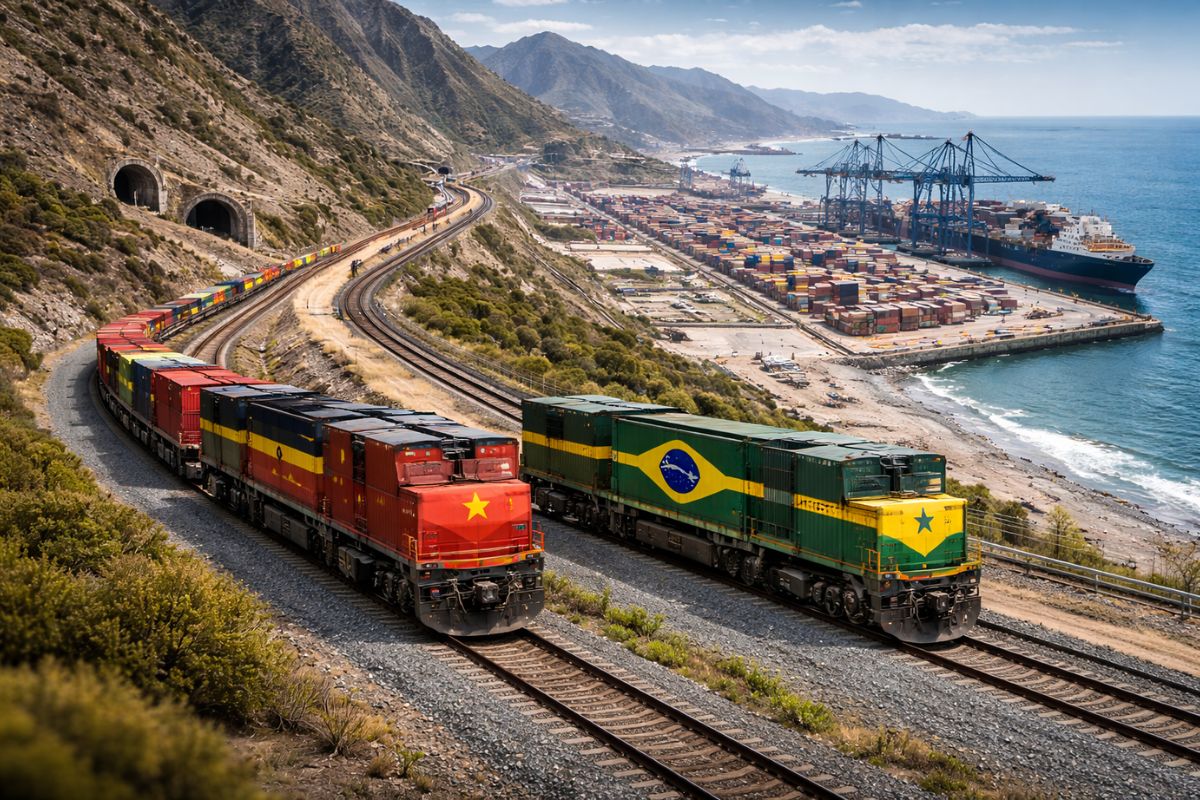 Corredor ferroviário cria caminho entre Atlântico e Pacífico, liga porto de Chancay, desafia o Canal do Panamá e impulsiona exportações brasileiras.