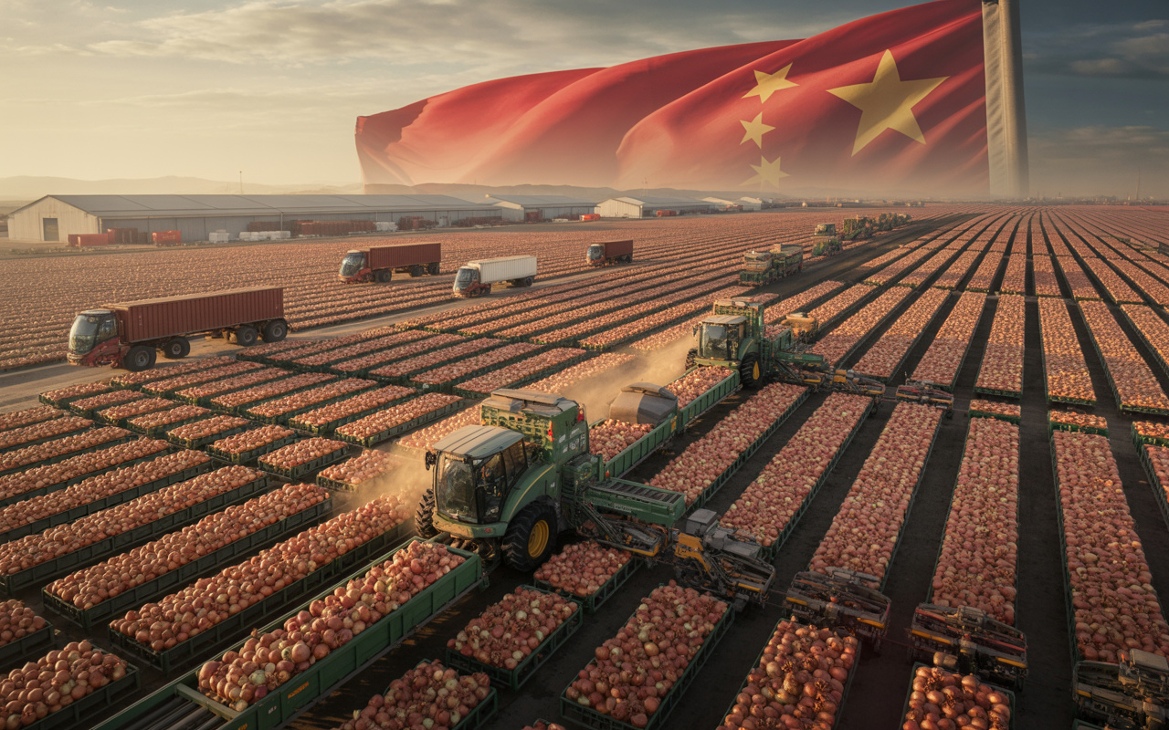 A potência que domina a cebola mundial: China produz mais de 25 milhões de toneladas por ano, concentra a maior área cultivada do planeta e sustenta boa parte da alimentação global