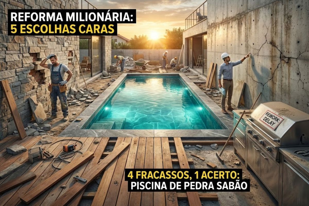 reforma da Casa Matriz expõe custos, retrabalho e atraso com pedra Moledo, concreto aparente e piso de madeira, enquanto a piscina de pedra sabão aparece como acerto técnico e de manutenção.