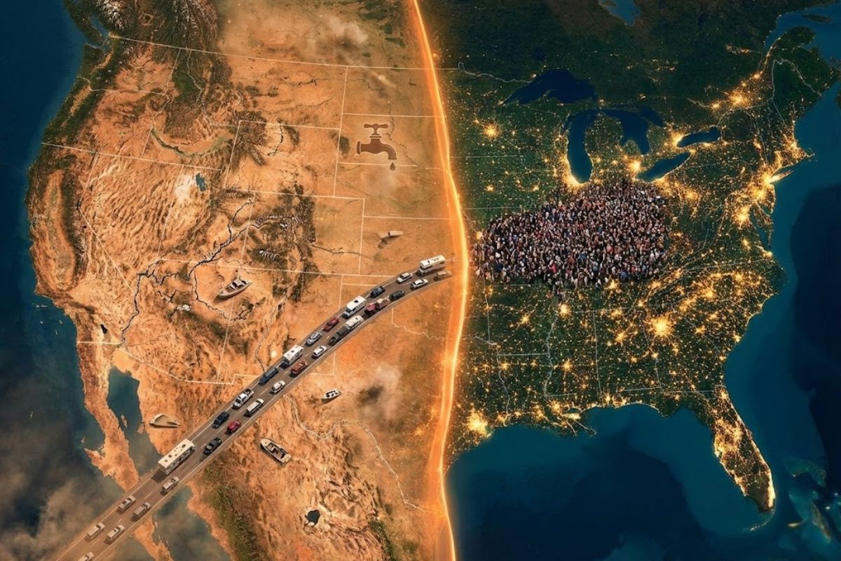 Linha invisível divide americanos, rio Colorado em crise hídrica, meridiano 98 e migração interna redesenham o futuro dos EUA.