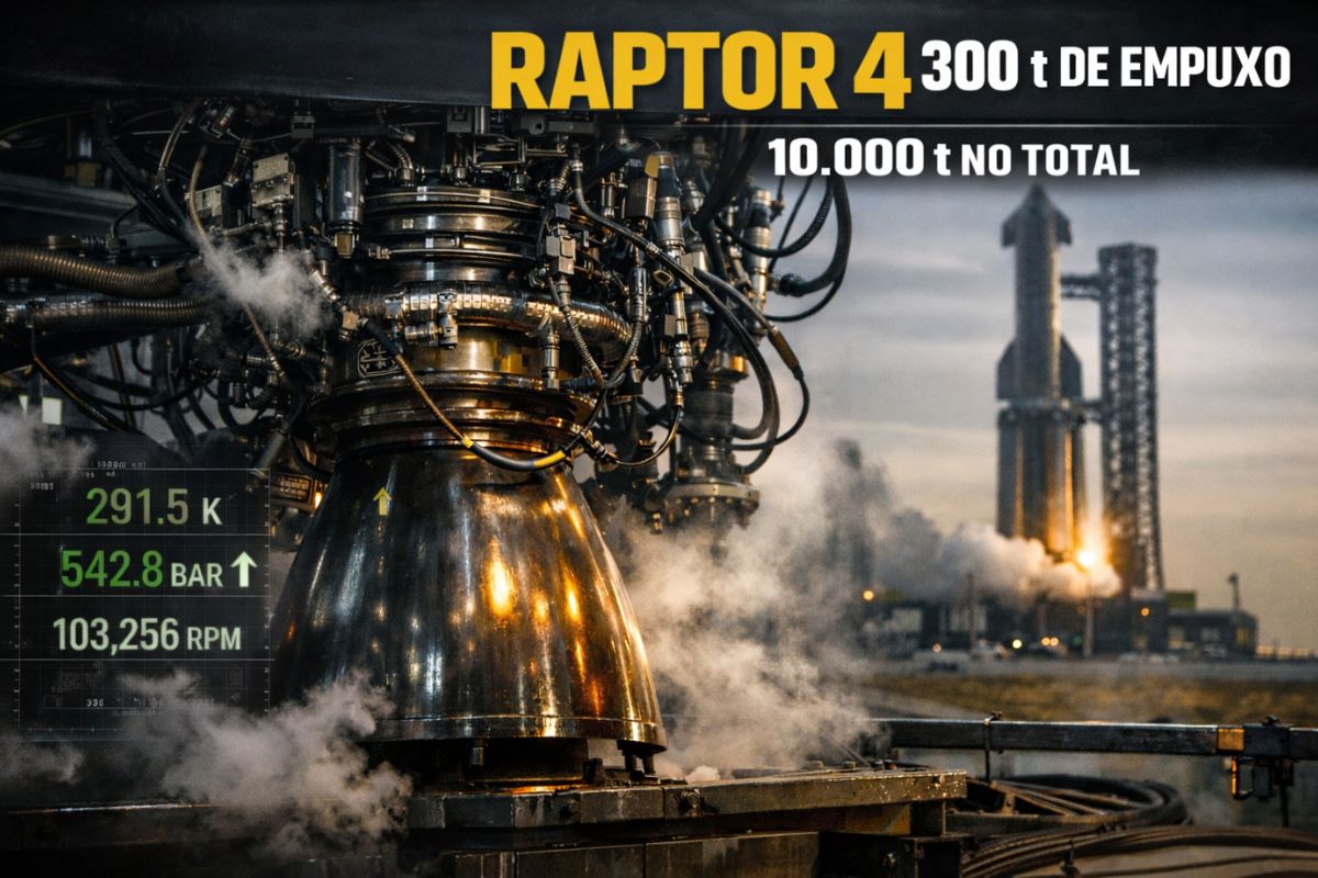 Com até 300 toneladas de empuxo por motor, Raptor 4 promete triplicar a força do Saturno V, reduzir custos drasticamente e levar a Starship a um novo patamar de potência e reutilização (1)