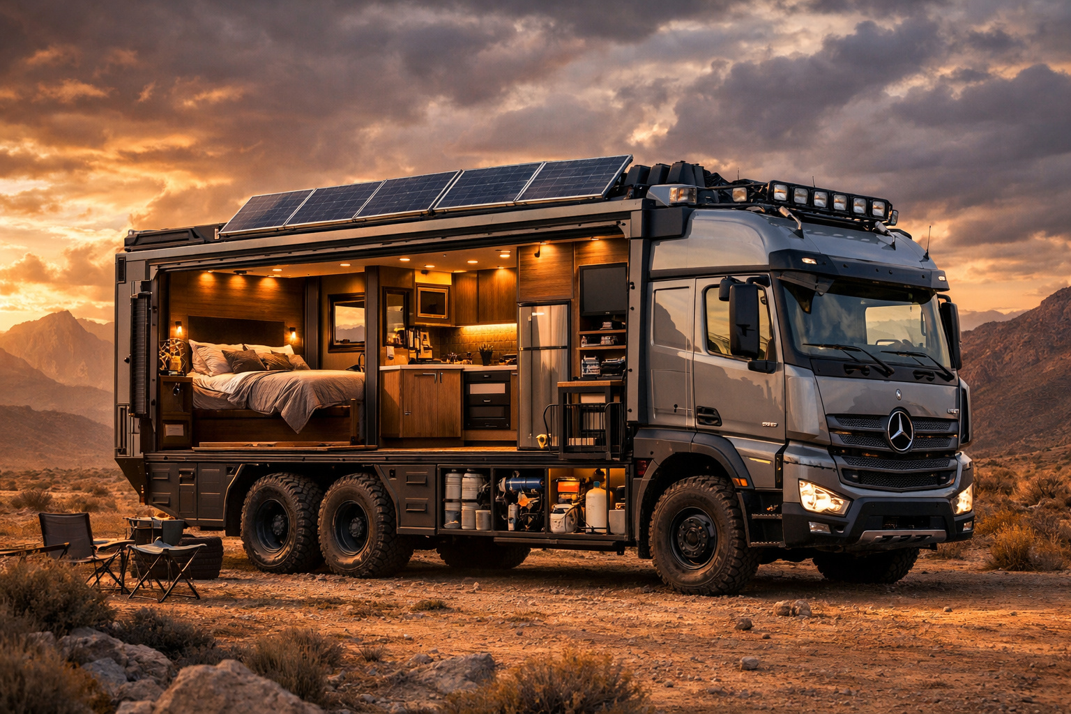 Como um Mercedes-Benz Actros virou casa sobre rodas: o caminhão pesado transformado em motorhome com suíte, energia off-grid e estrutura para longas expedições