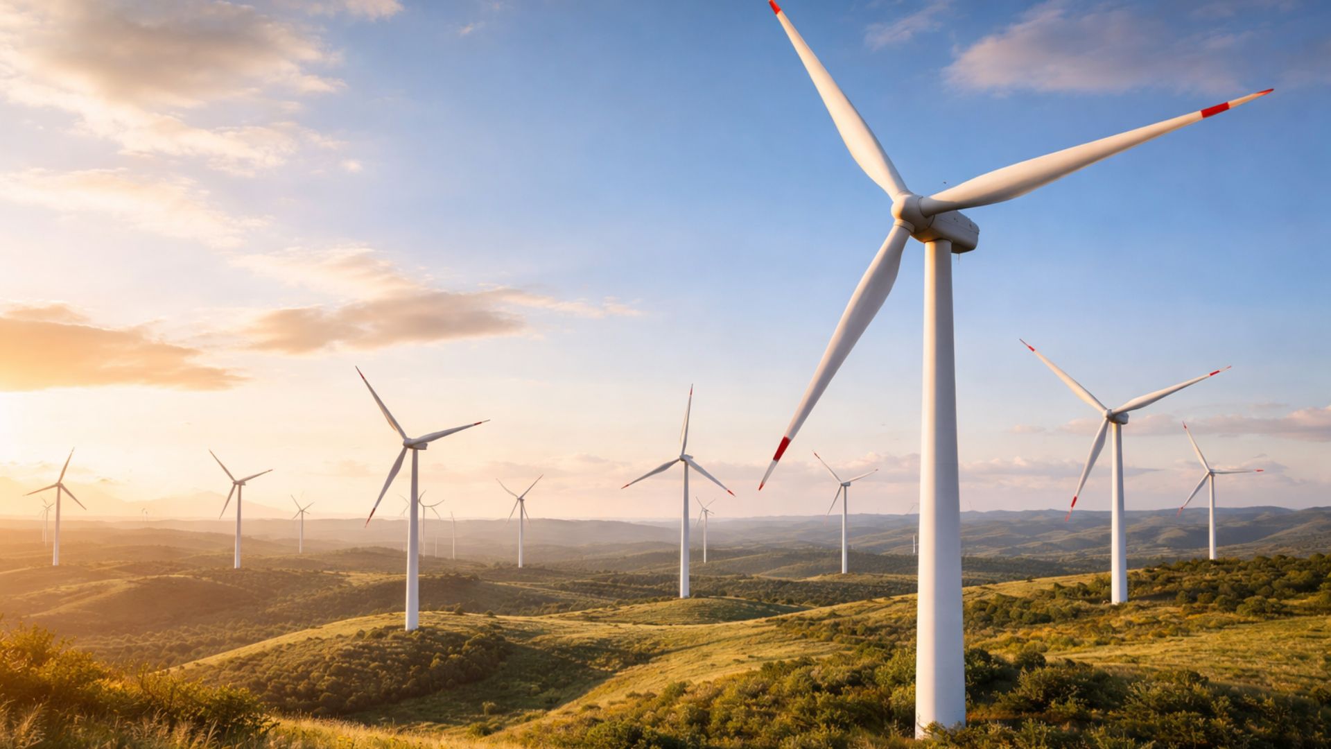 Complexo eólico na Bahia com turbina em primeiro plano e outras ao fundo, ativo de geração renovável adquirido pela Aliança Energia da Pontal Energy.