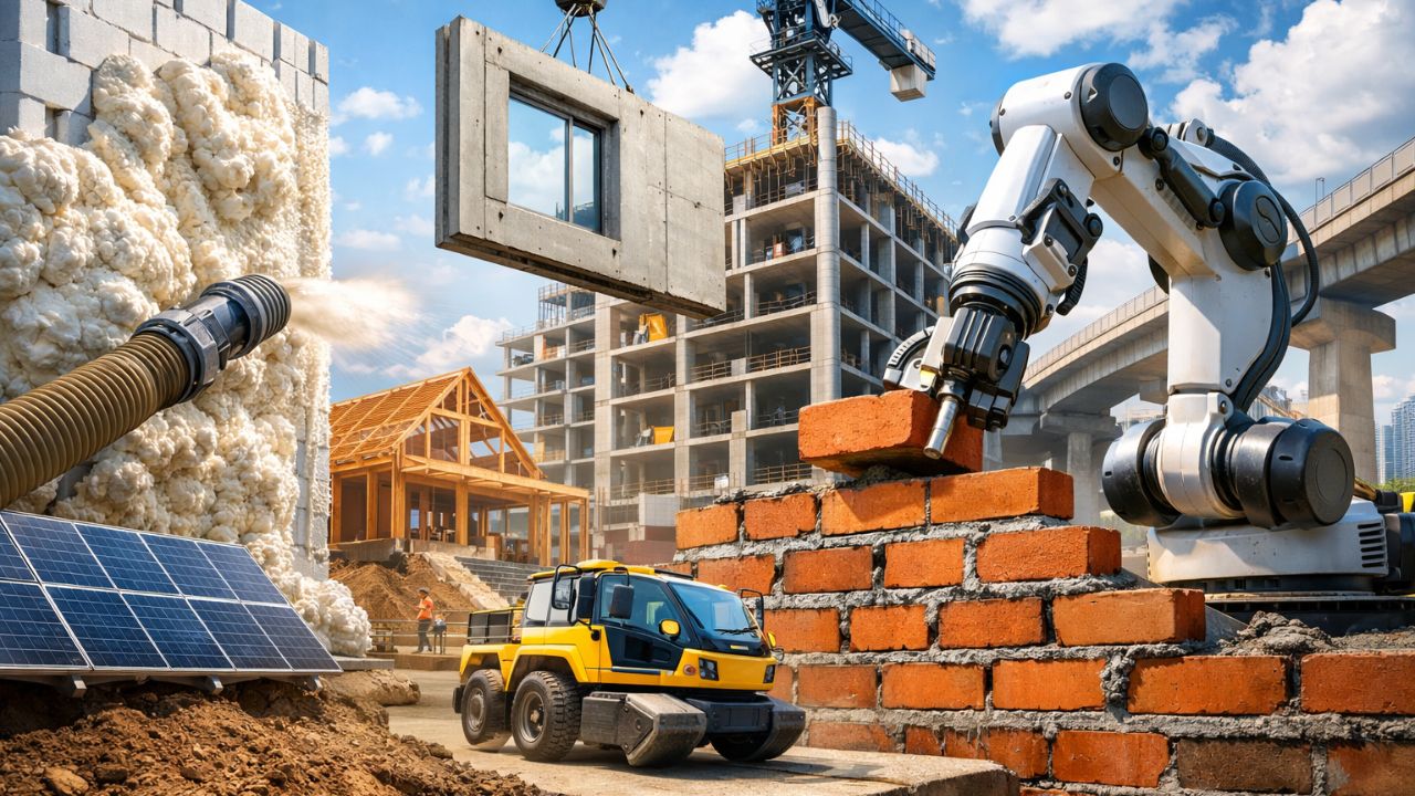Da espuma mineral ao robô assentador, construção civil acelera com técnicas inteligentes, materiais sustentáveis, montagem rápida, menos risco, menor custo, alta precisão