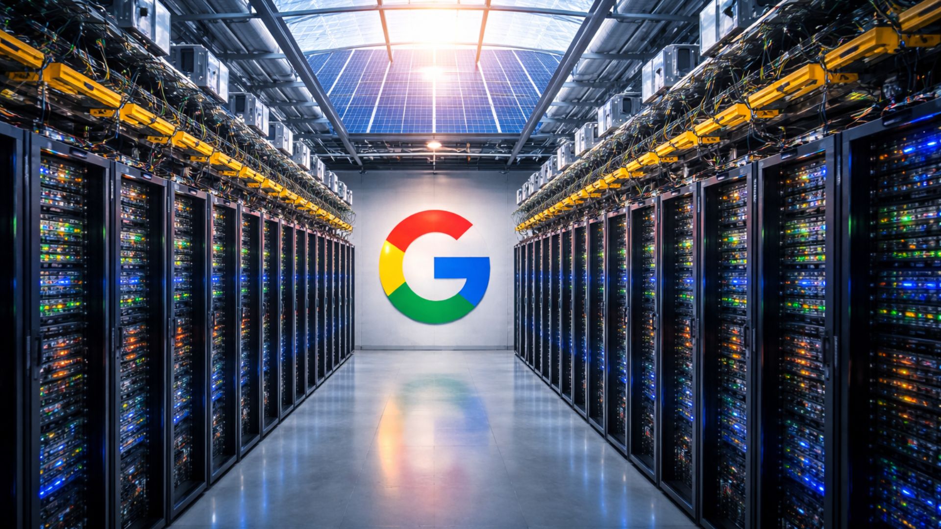 Interior de um data center do Google com corredores de servidores iluminados e painéis solares visíveis no teto, representando uso de energia renovável nas operações digitais.