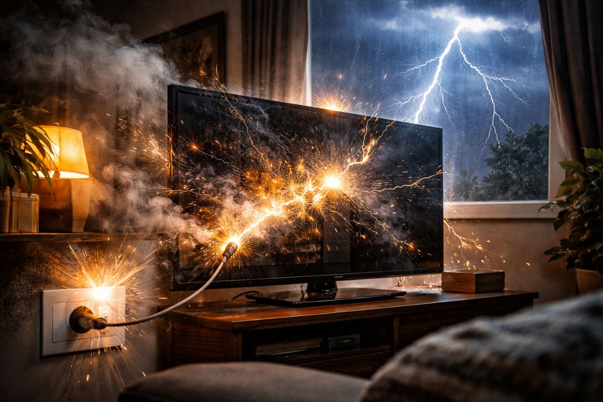 televisão na tomada em tempestade com raios sofre surtos de tensão na rede elétrica e coloca aparelhos eletrônicos caros em risco de queima definitiva.