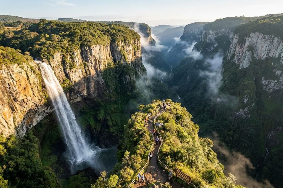 Reportagem mostra o lugar mais surreal do Sul em Aparados da Serra, com cânions gigantes, cachoeiras invisíveis, trilhas abissais e cidade-base estruturada para quem quer explorar cada mirante desses cânions brasileiros.