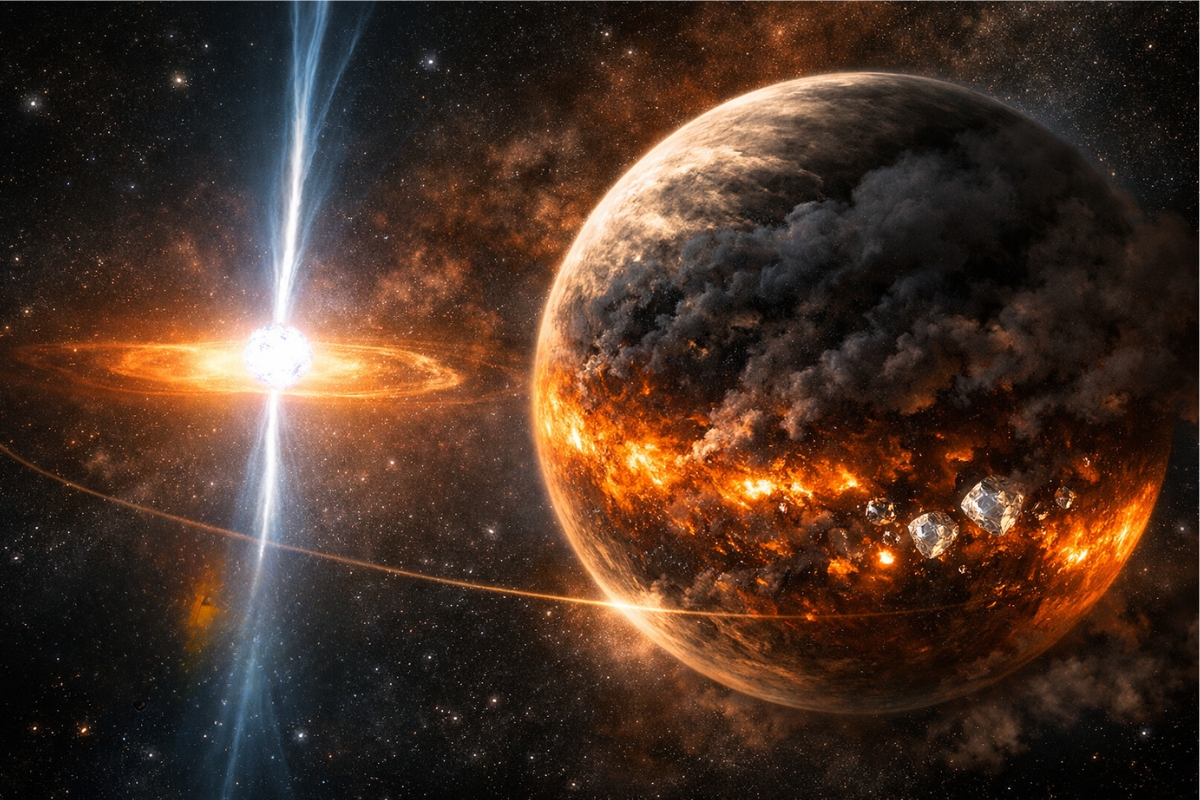 NASA observa exoplaneta com atmosfera rara, nuvens de fuligem e sinais de diamantes em um sistema que desafia a formação de planetas