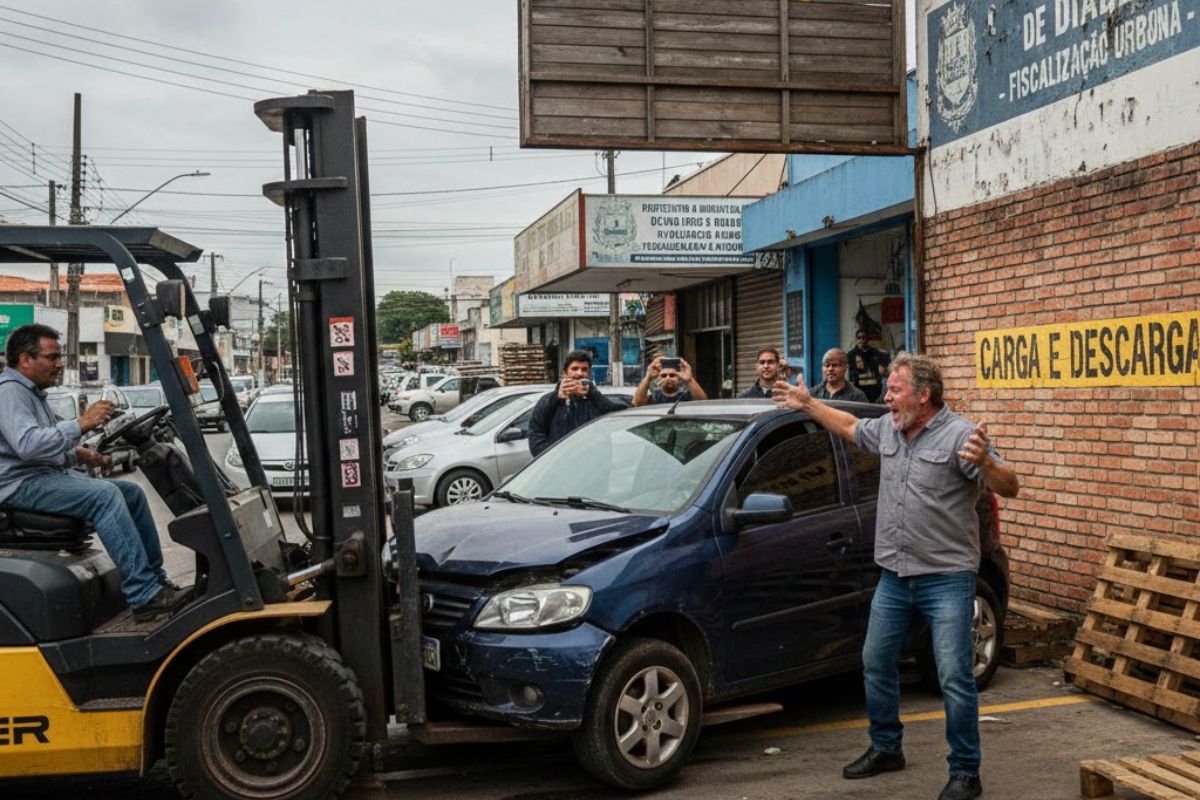 Em Diadema, empilhadeira tira carro de vaga de carga e descarga e revela falhas da fiscalização de trânsito, da prefeitura de Diadema e do código de trânsito.