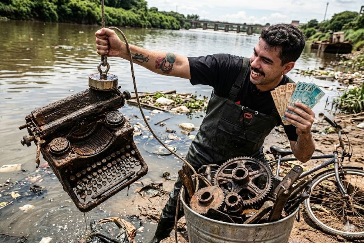 Vídeo mostra criador pescando lixo com ímã no Tietê com pesca magnética em garimpo urbano, achando máquina de escrever Torino e lucrando em ferro velho.