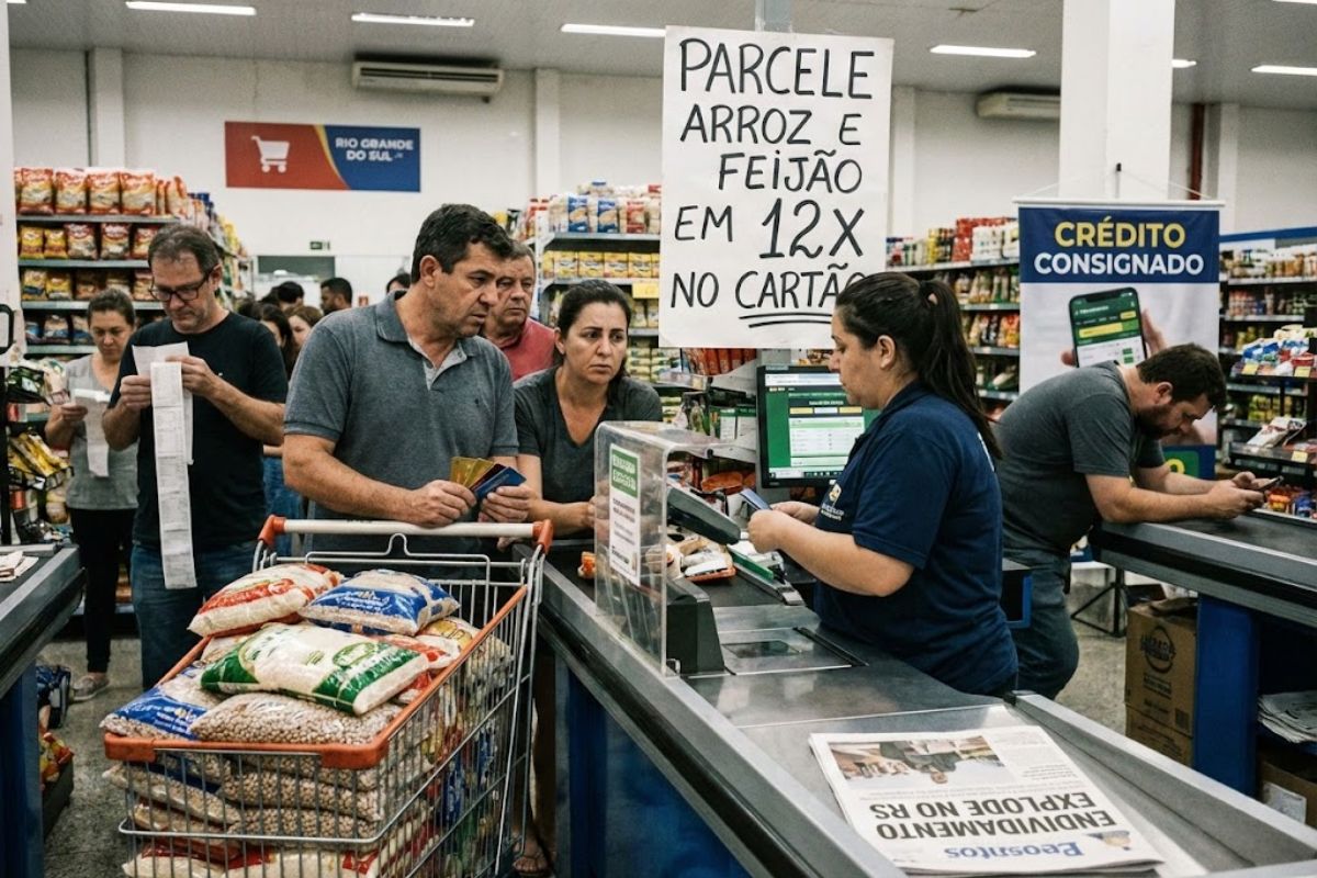 Supermercados parcelam arroz e feijão em meio ao endividamento crescente. Crédito consignado e bets drenam renda e famílias recorrem ao parcelamento.