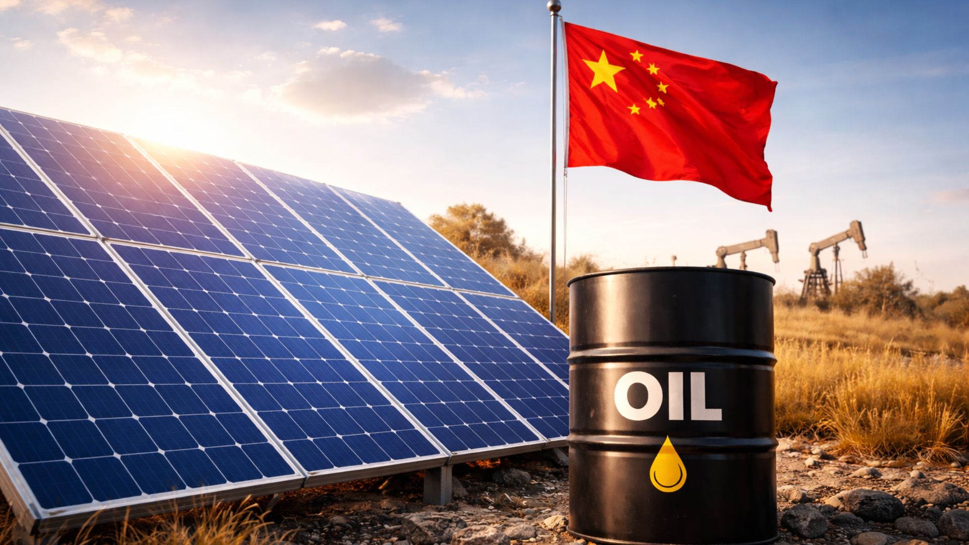 Painéis solares instalados em área árida ao lado de um barril de petróleo, com a bandeira da China ao fundo, simbolizando a integração entre energia renovável e indústria petrolífera chinesa
