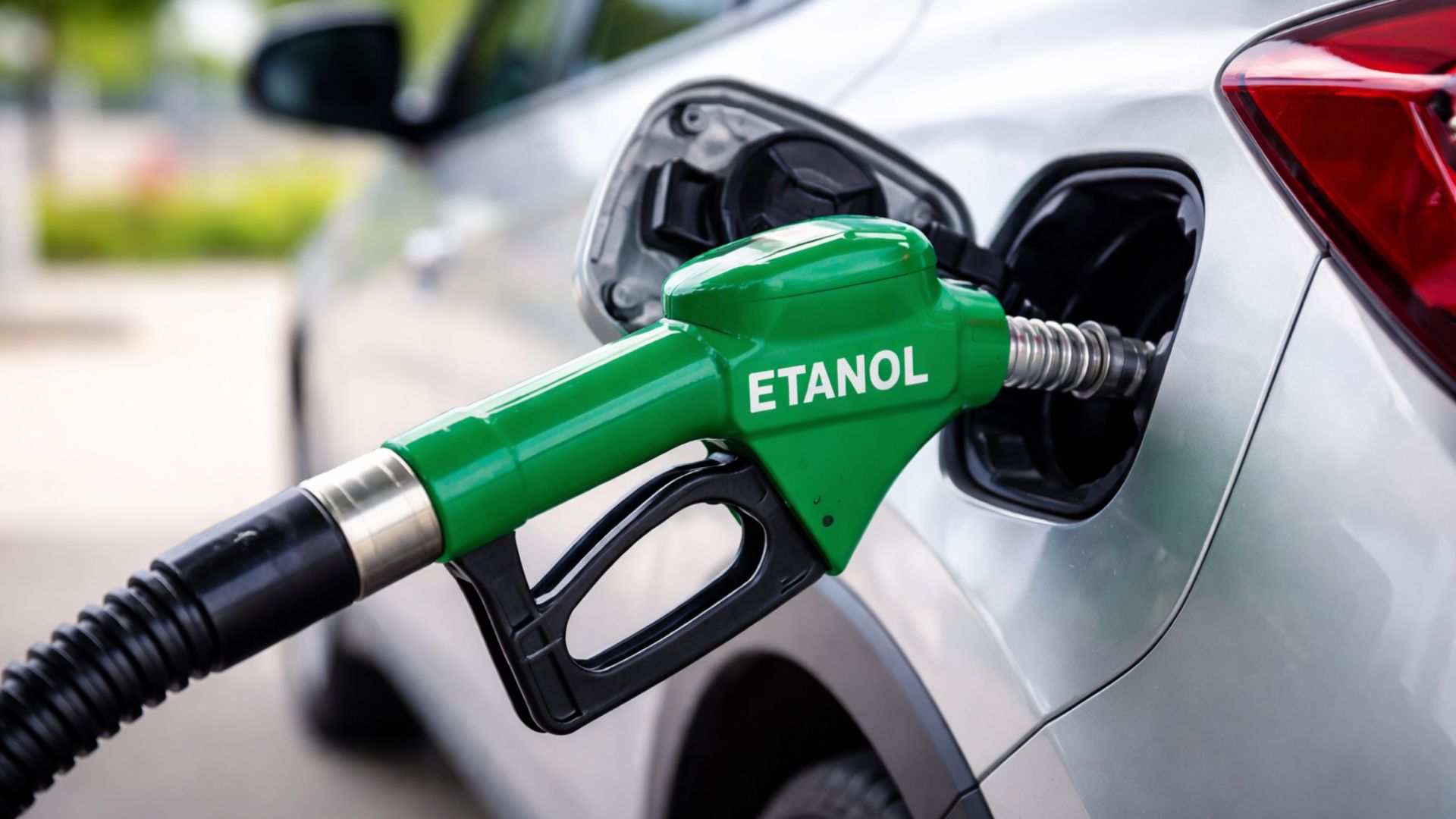 Veículo flex sendo abastecido com etanol em posto de combustível, destacando o uso de biocombustível como alternativa à gasolina na frota pública.