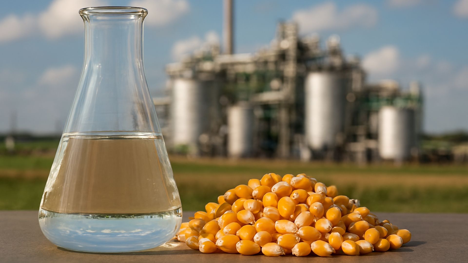 Frasco Erlenmeyer com etanol e milho em primeiro plano, com usina de etanol de milho desfocada ao fundo sob céu azul
