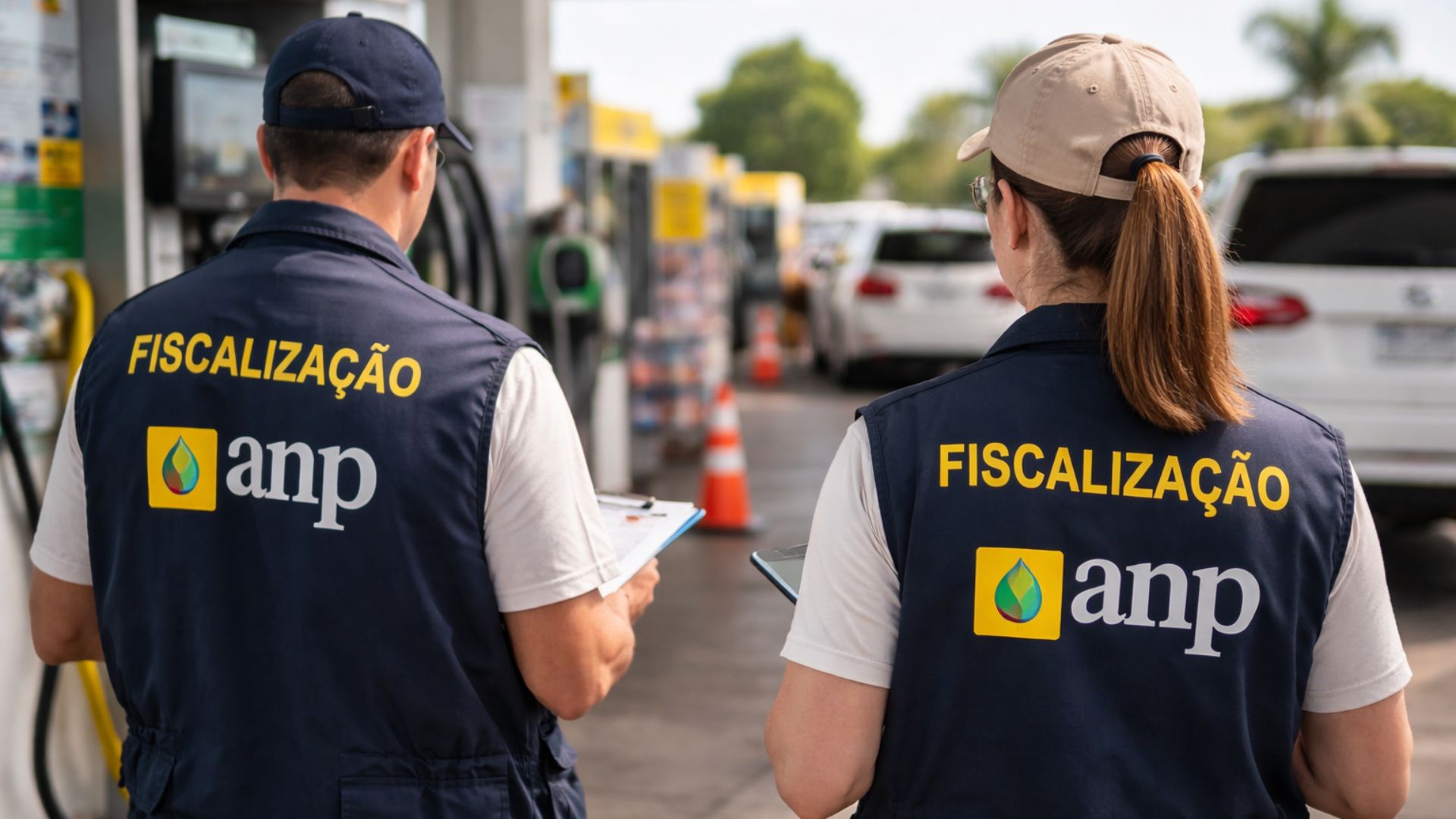 Fiscalizadores da ANP, vistos de costas, realizam inspeção em posto de combustível durante ação de fiscalização regulatória no mercado de combustíveis.