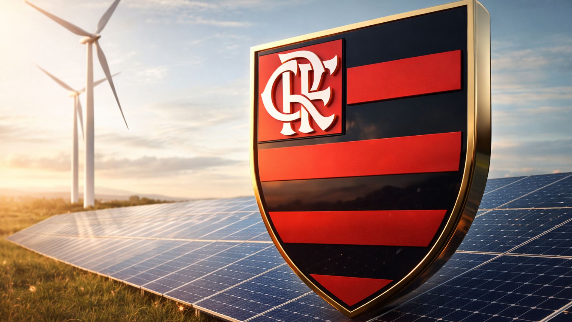 Escudo do Flamengo em 3D diante de painéis solares e turbinas eólicas simbolizando o uso de energia renovável e a descarbonização do consumo elétrico no esporte brasileiro